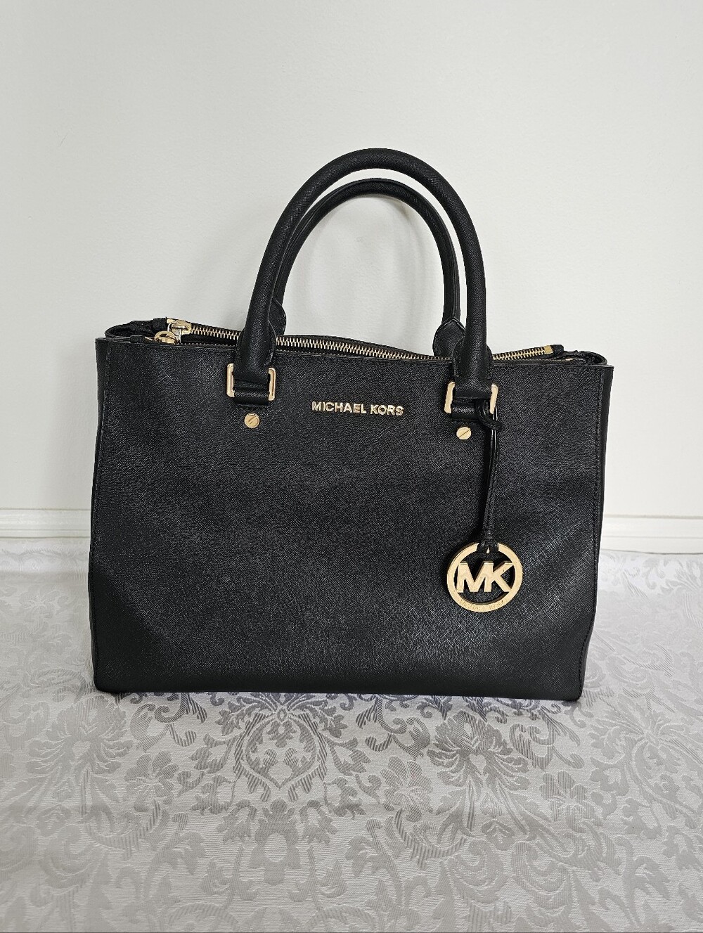 Michael Kors Black Sutton Saffiano Leather Satchel with Gold MK Charm